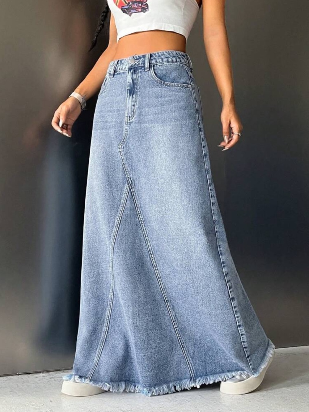 High Waisted Raw Hem Denim Maxi Skirt